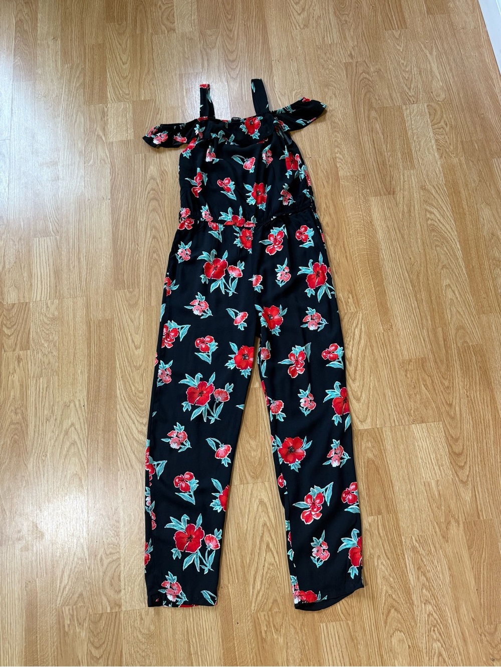 Forever 21 Black Off-Shoulder Jumpsuit with Red Floral Print - Size 13/14